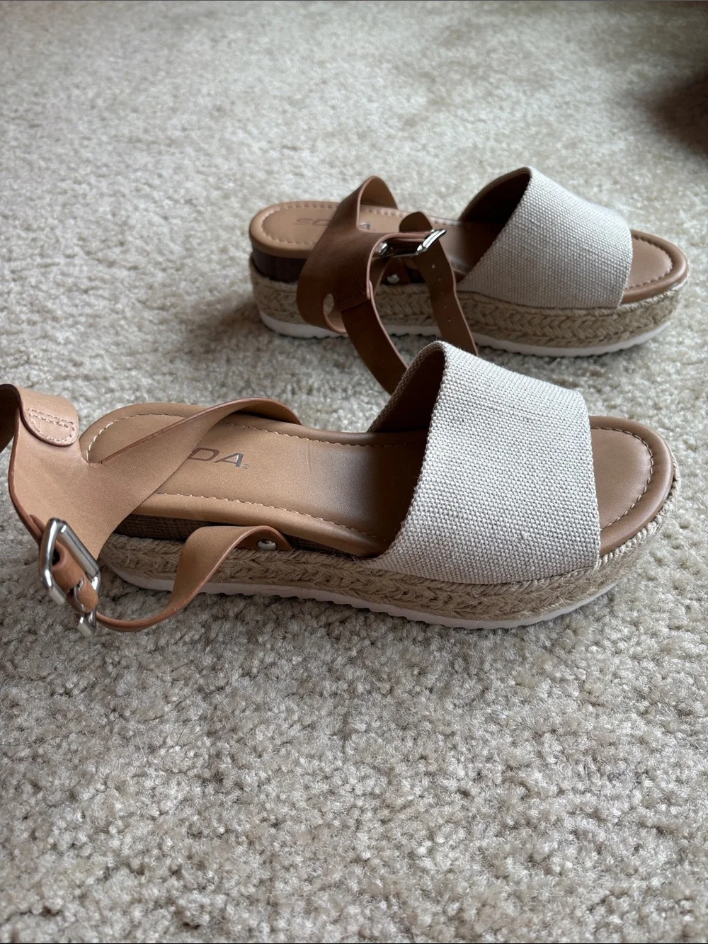 Soda Cream Canvas Espadrille Platform Sandals with Tan Ankle Straps